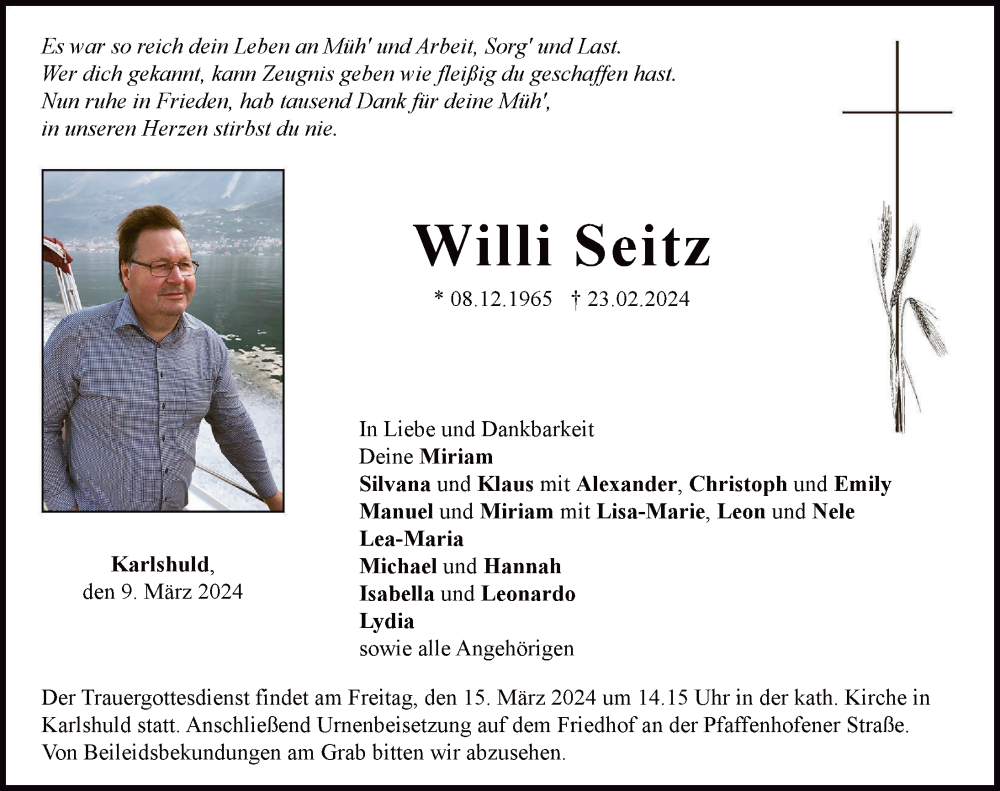  Traueranzeige für Willi Seitz vom 09.03.2024 aus Neuburger Rundschau