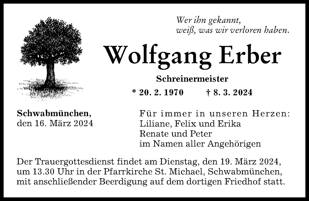  Traueranzeige für Wolfgang Erber vom 16.03.2024 aus Schwabmünchner Allgemeine, Augsburger Allgemeine