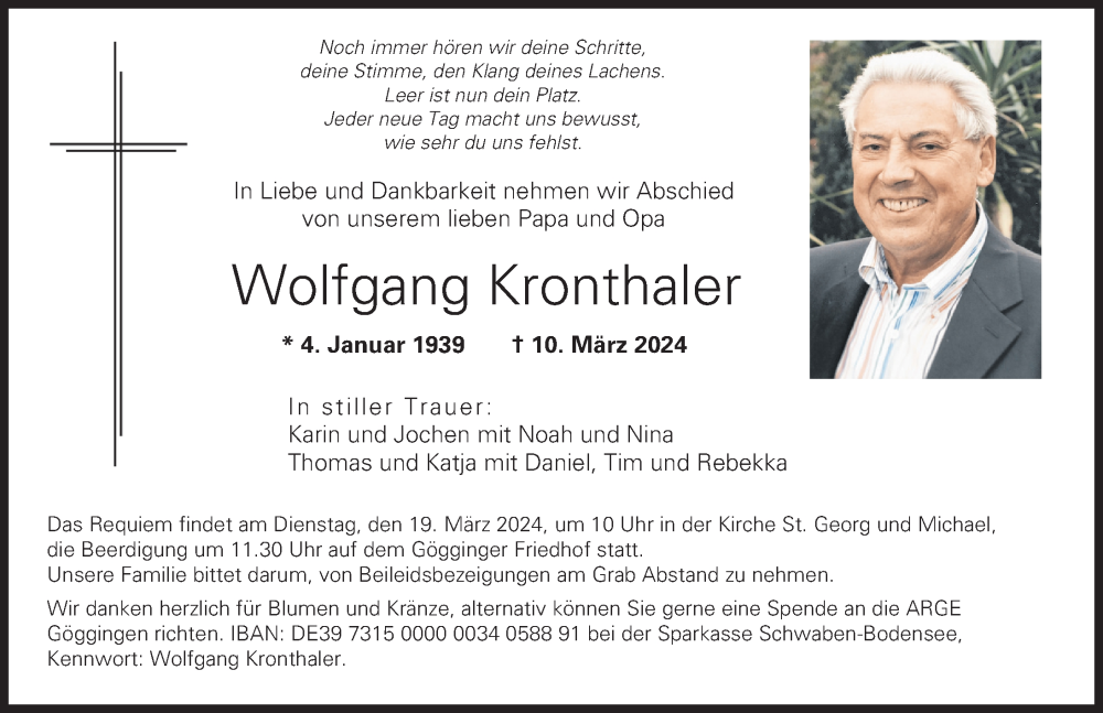 Traueranzeige von Wolfgang Kronthaler von Augsburger Allgemeine