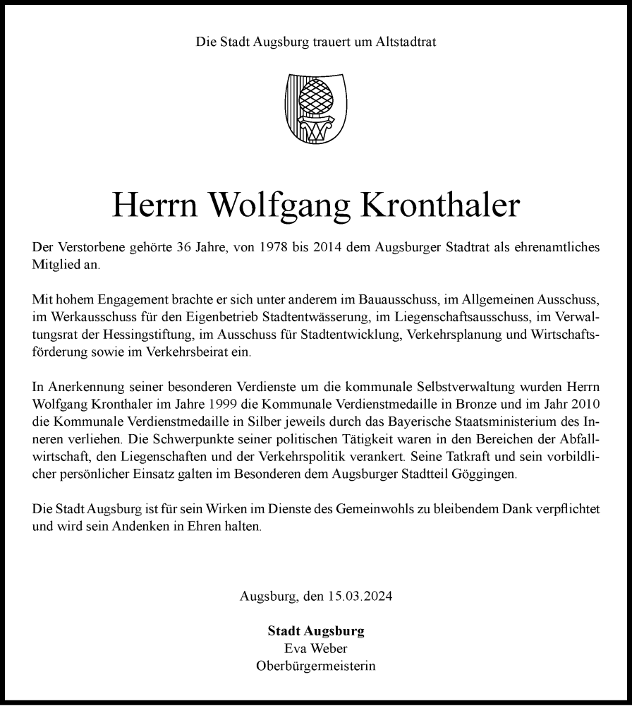 Traueranzeige von Wolfgang Kronthaler von Augsburger Allgemeine