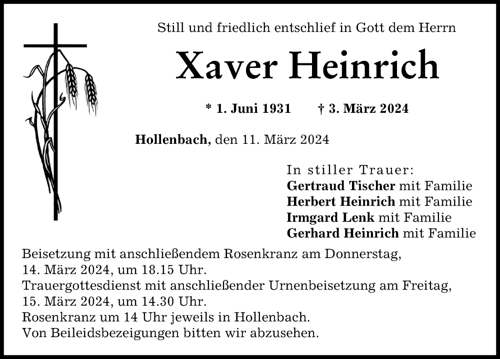 Traueranzeige von Xaver Heinrich von Neuburger Rundschau