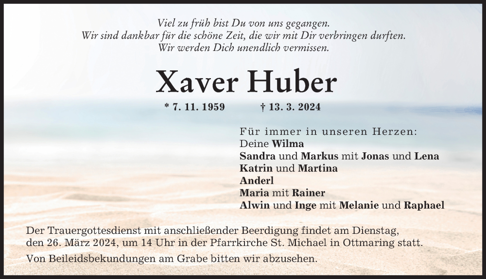  Traueranzeige für Xaver Huber vom 20.03.2024 aus Friedberger Allgemeine