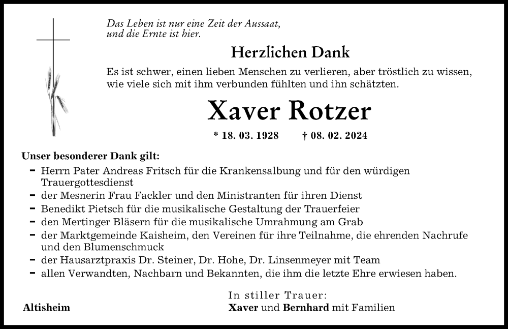 Traueranzeige von Xaver Rotzer von Donauwörther Zeitung