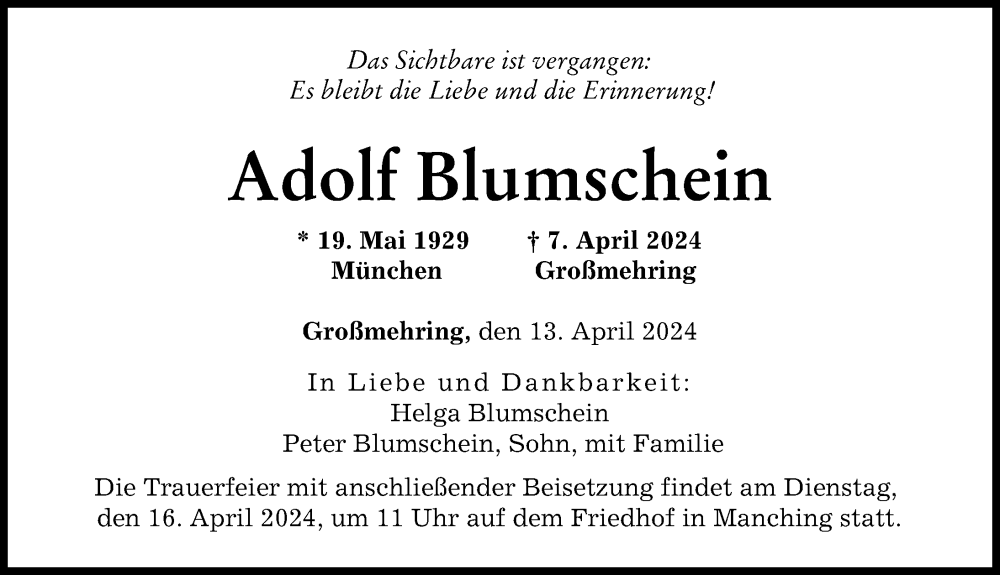 Traueranzeige von Adolf Blumschein von Augsburger Allgemeine