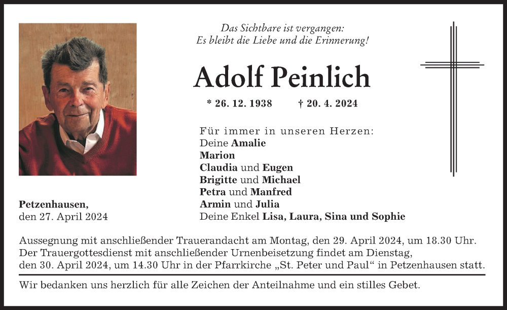  Traueranzeige für Adolf Peinlich vom 27.04.2024 aus Landsberger Tagblatt