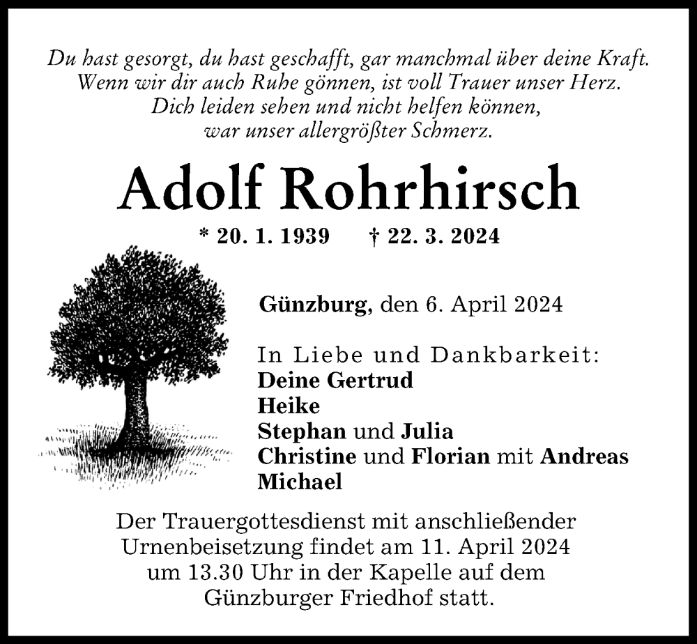 Traueranzeige von Adolf Rohrhirsch von Günzburger Zeitung