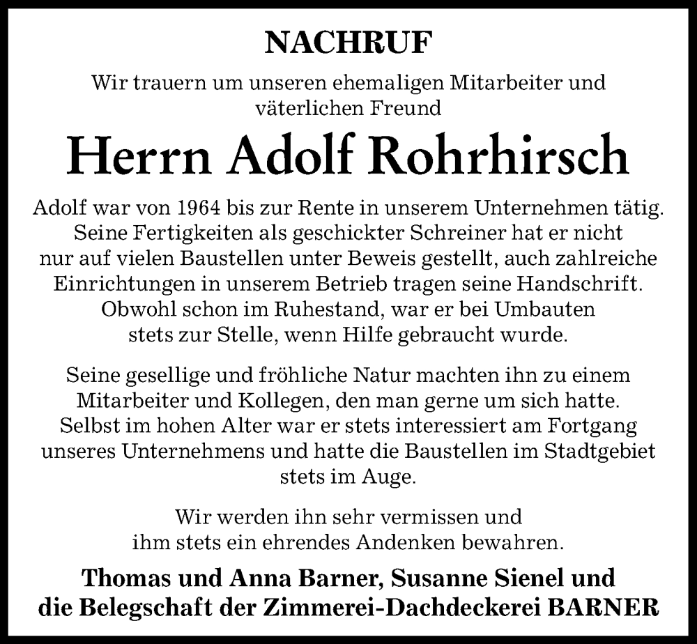 Traueranzeige von Adolf Rohrhirsch von Günzburger Zeitung