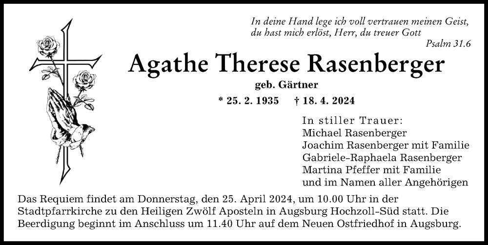  Traueranzeige für Agathe Therese Rasenberger vom 20.04.2024 aus Augsburger Allgemeine