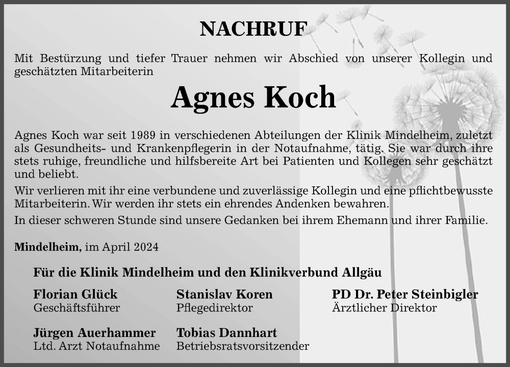  Traueranzeige für Agnes Koch vom 30.04.2024 aus Mindelheimer Zeitung