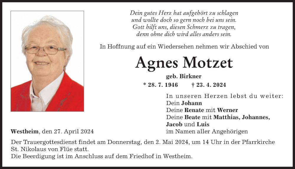 Traueranzeige von Agnes Motzet von Augsburger Allgemeine