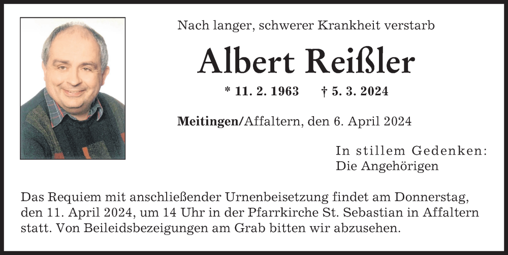  Traueranzeige für Albert Reißler vom 06.04.2024 aus Augsburg-Land