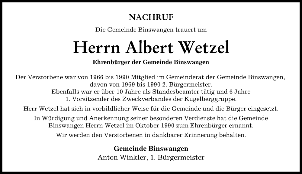 Traueranzeige von Albert Wetzel von Wertinger Zeitung