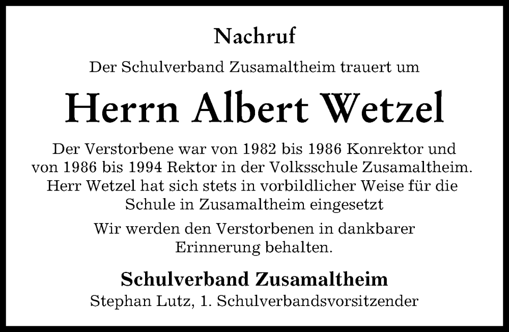 Traueranzeige von Albert Wetzel von Wertinger Zeitung