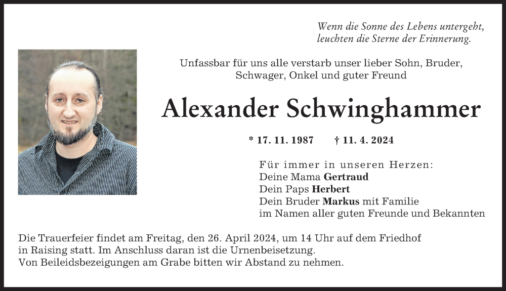  Traueranzeige für Alexander Schwinghammer vom 19.04.2024 aus Ammersee Kurier