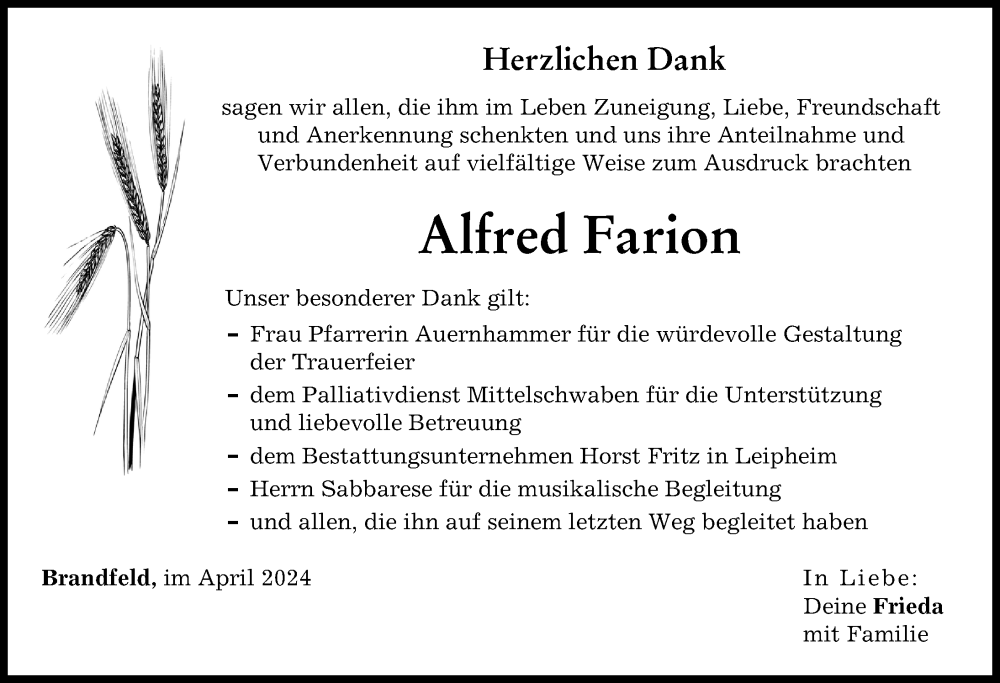 Traueranzeige von Alfred Farion von Günzburger Zeitung