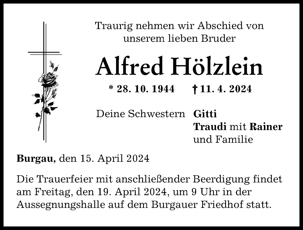 Traueranzeige von Alfred Hölzlein von Günzburger Zeitung