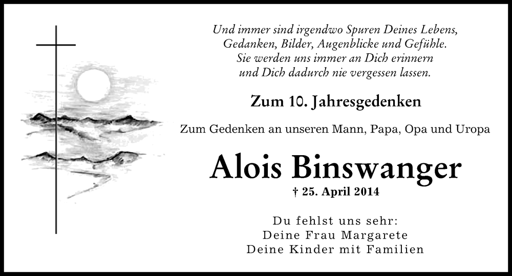 Traueranzeige von Alois Binswanger von Augsburger Allgemeine