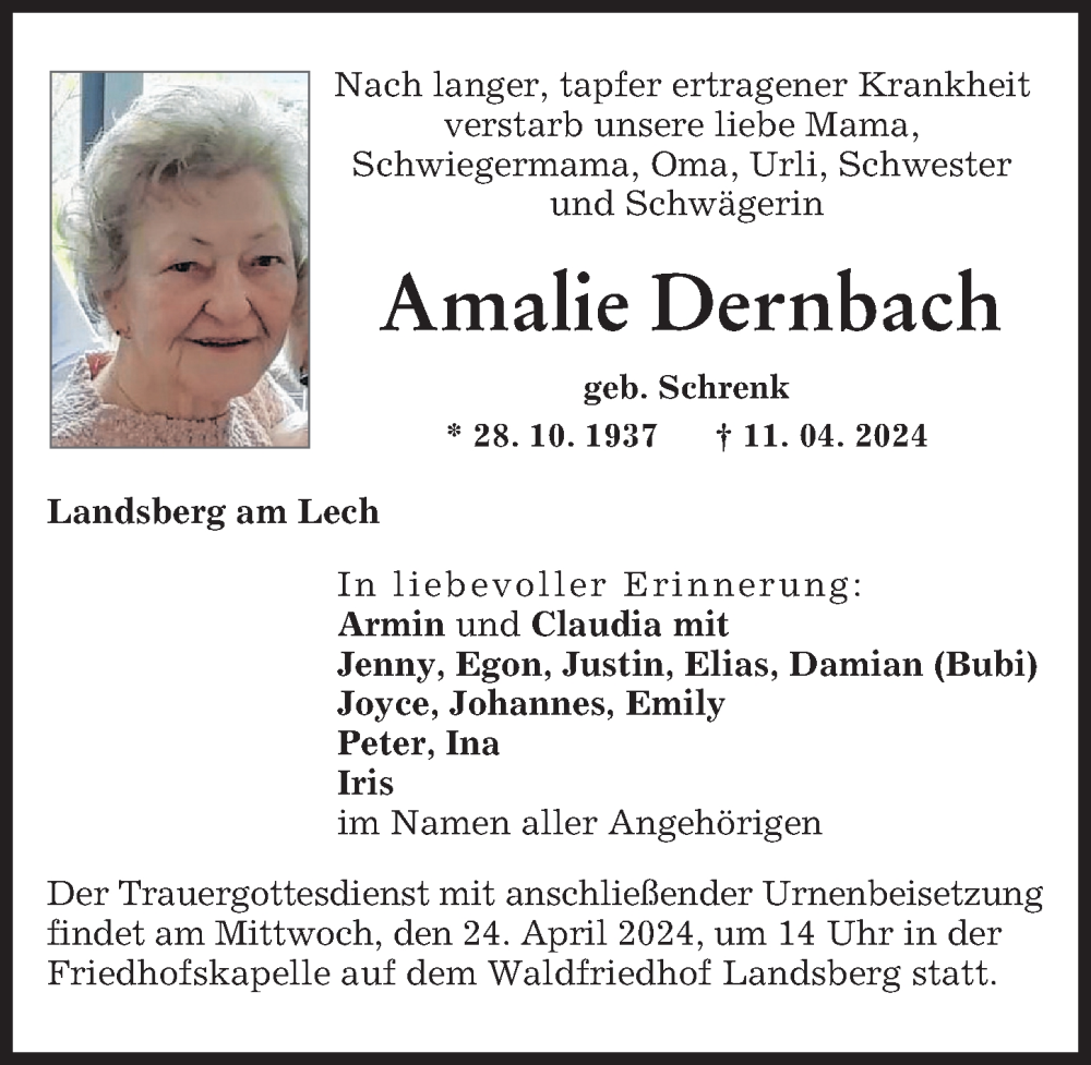  Traueranzeige für Amalie Dernbach vom 20.04.2024 aus Landsberger Tagblatt