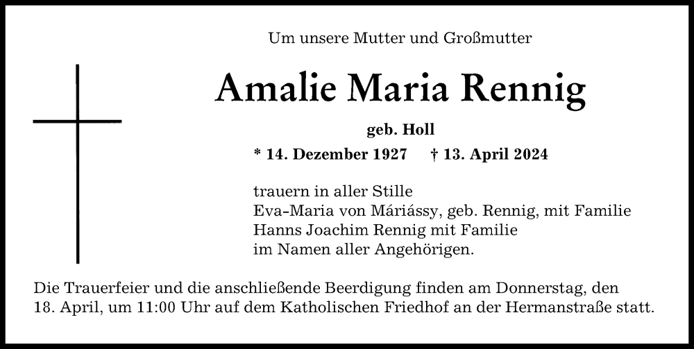 Traueranzeige von Amalie Maria Rennig von Augsburger Allgemeine