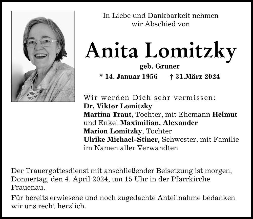  Traueranzeige für Anita Lomitzky vom 03.04.2024 aus Landsberger Tagblatt