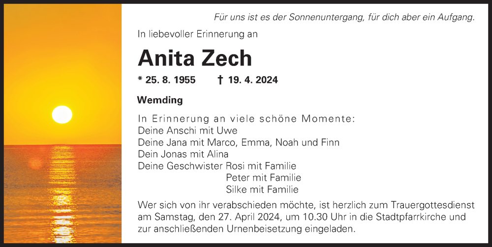  Traueranzeige für Anita Zech vom 25.04.2024 aus Donauwörther Zeitung