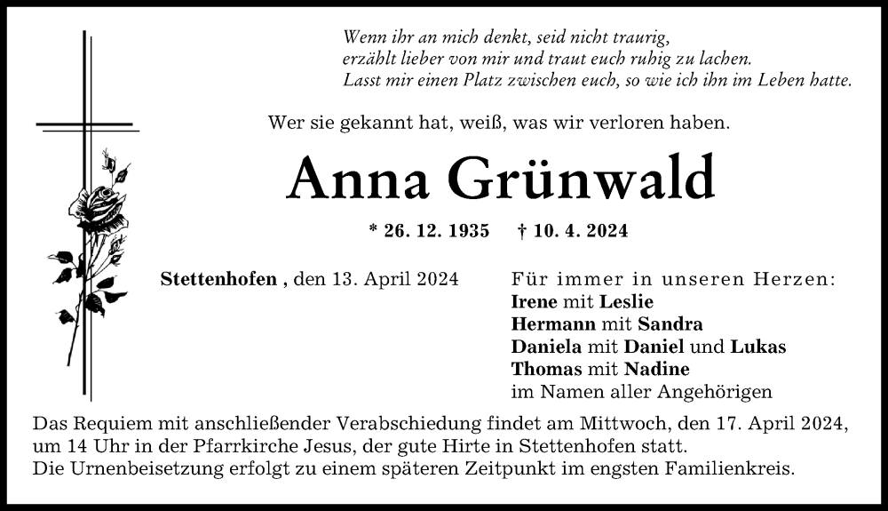 Traueranzeige von Anna Grünwald von Augsburg-Land