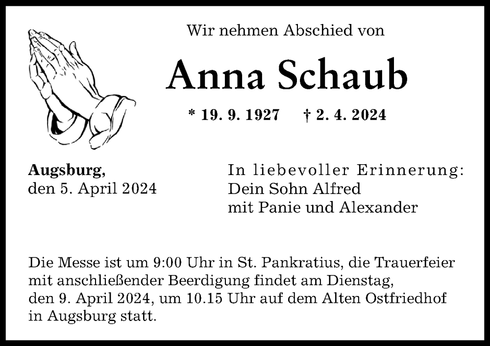 Traueranzeige von Anna Schaub von Augsburger Allgemeine