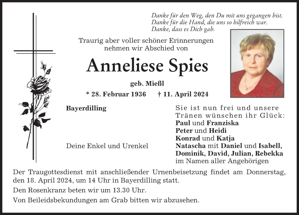 Traueranzeige von Anneliese Spies von Donauwörther Zeitung
