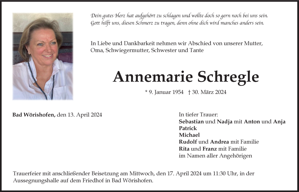  Traueranzeige für Annemarie Schregle vom 13.04.2024 aus Mindelheimer Zeitung