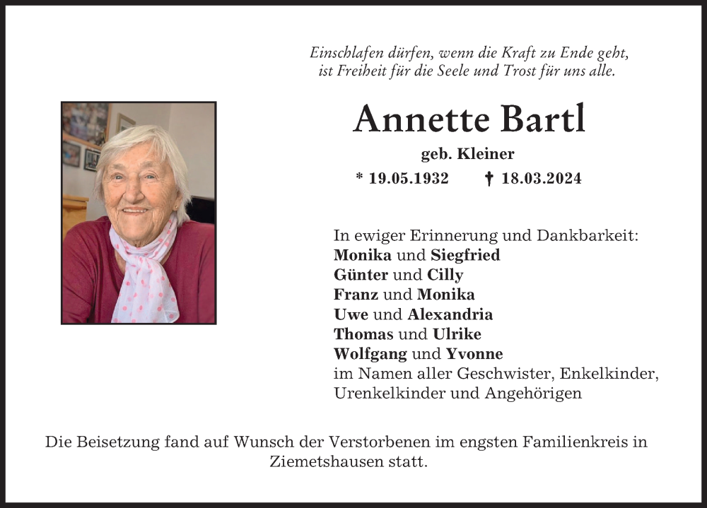 Traueranzeige von Annette Bartl von Mittelschwäbische Nachrichten