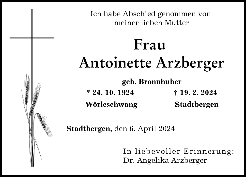 Traueranzeige von Antoinette Arzberger von Augsburger Allgemeine