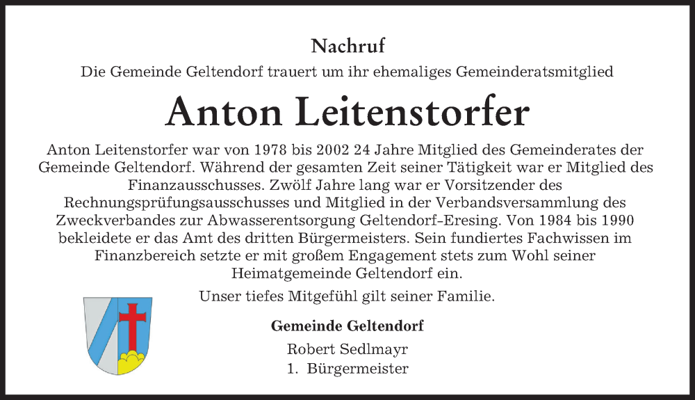 Traueranzeige von Anton Leitenstorfer von Landsberger Tagblatt