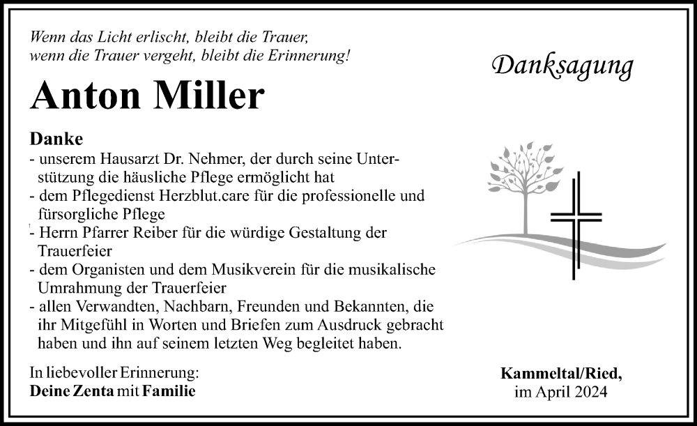 Traueranzeige von Anton Miller von Mittelschwäbische Nachrichten, Günzburger Zeitung