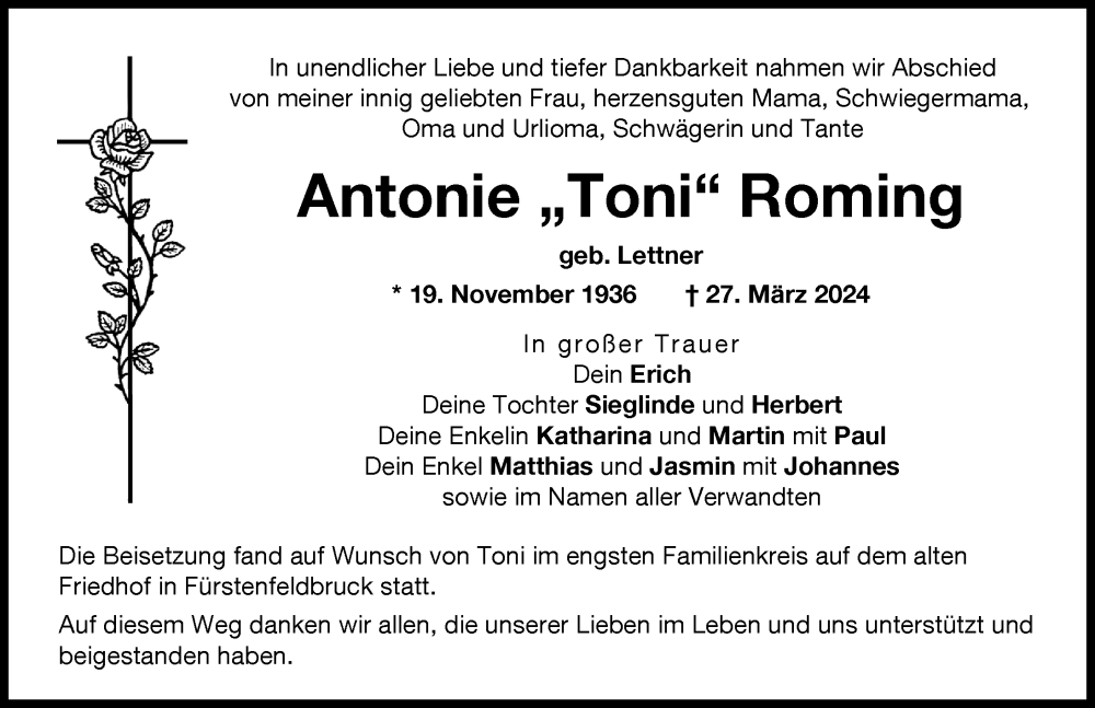  Traueranzeige für Antonie  Roming vom 13.04.2024 aus Illertisser Zeitung