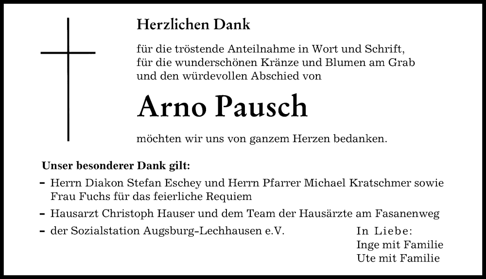 Traueranzeige von Arno Pausch von Augsburger Allgemeine