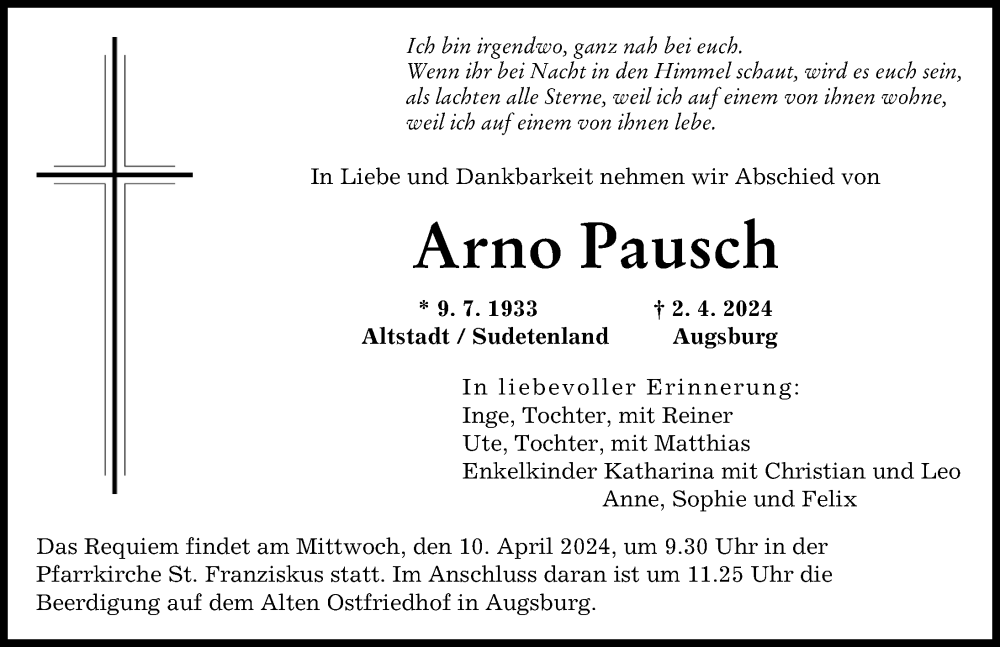 Traueranzeige von Arno Pausch von Donauwörther Zeitung, Augsburger Allgemeine