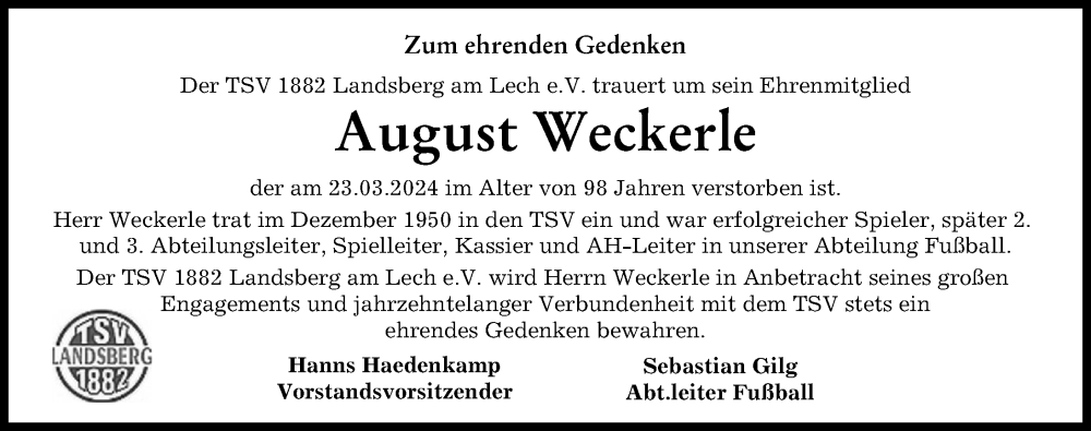 Traueranzeige von August Weckerle von Landsberger Tagblatt