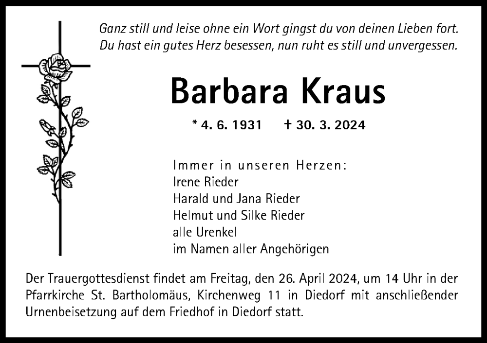 Traueranzeige von Barbara Kraus von Augsburger Allgemeine