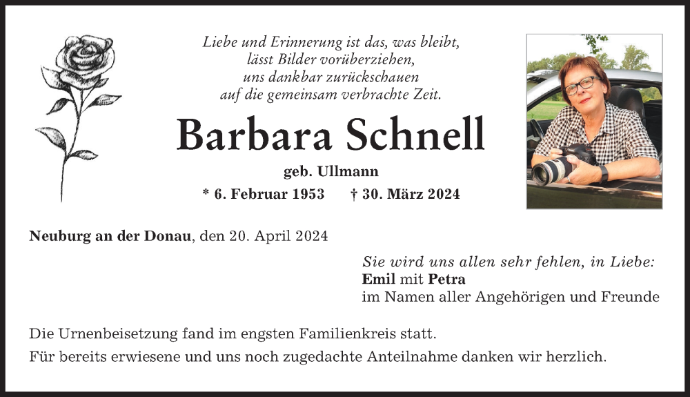  Traueranzeige für Barbara Schnell vom 20.04.2024 aus Neuburger Rundschau