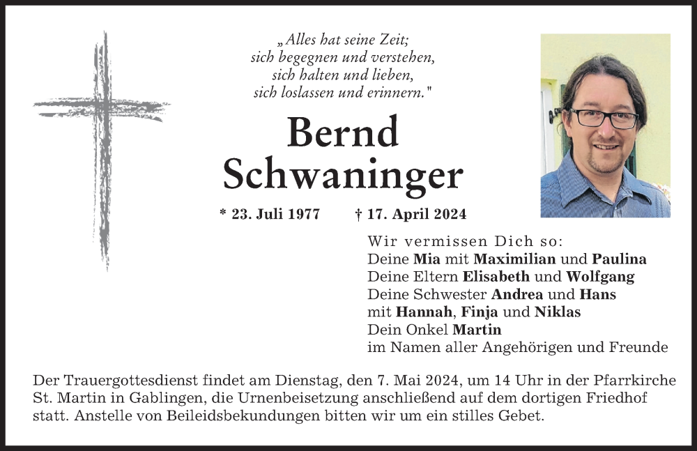  Traueranzeige für Bernd Schwaninger vom 27.04.2024 aus Augsburger Allgemeine
