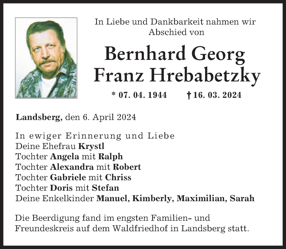 Traueranzeige von Bernhard Hrebabetzky von Landsberger Tagblatt