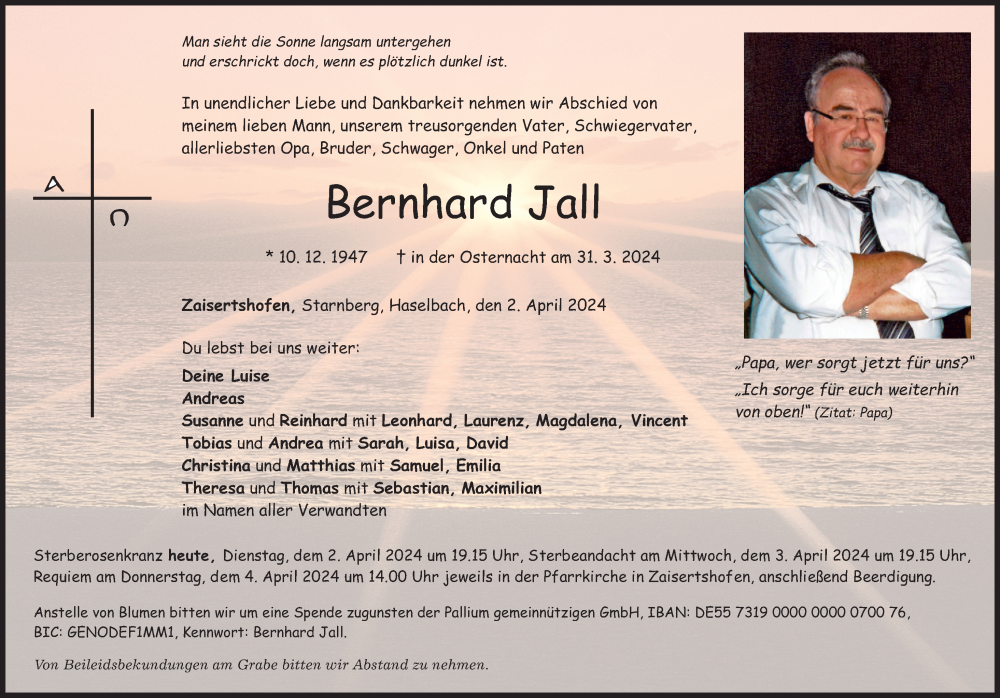 Traueranzeige für Bernhard Jall vom 02.04.2024 aus Mindelheimer Zeitung