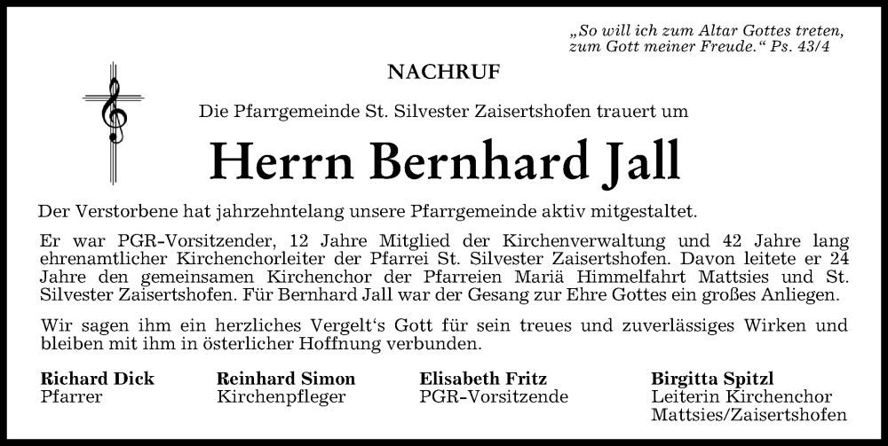 Traueranzeige von Bernhard Jall von Mindelheimer Zeitung