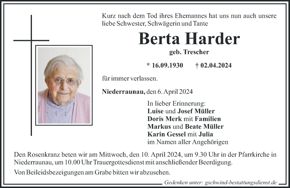 Traueranzeige von Berta Harder von Mittelschwäbische Nachrichten