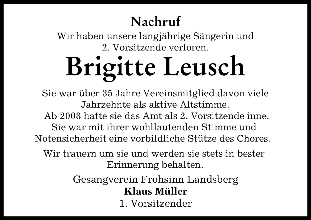 Traueranzeige von Brigitte Leusch von Landsberger Tagblatt