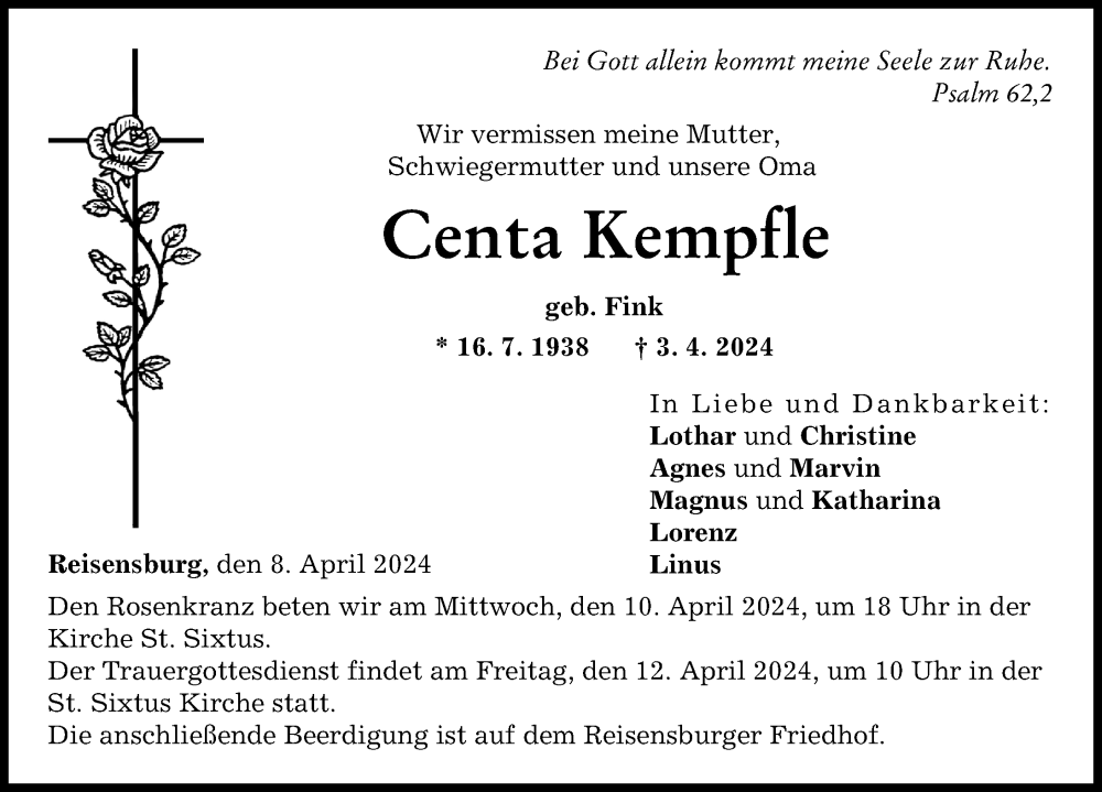 Traueranzeige von Centa Kempfle von Günzburger Zeitung