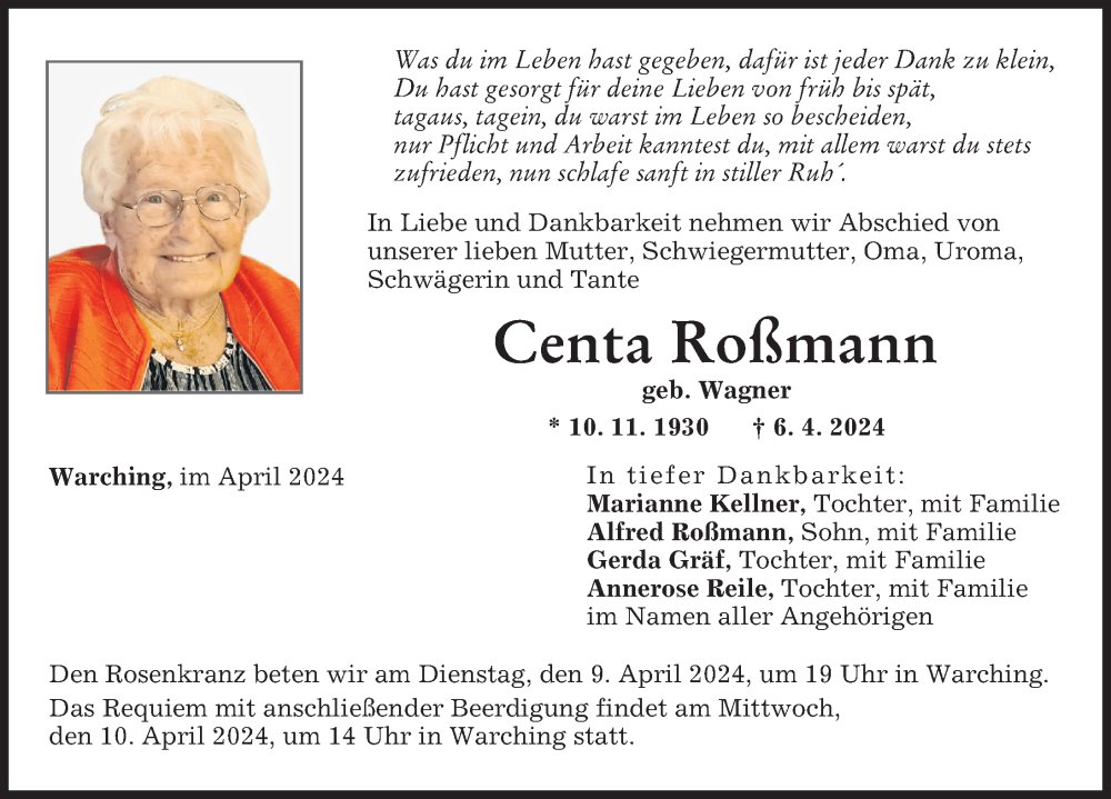  Traueranzeige für Centa Roßmann vom 08.04.2024 aus Donauwörther Zeitung