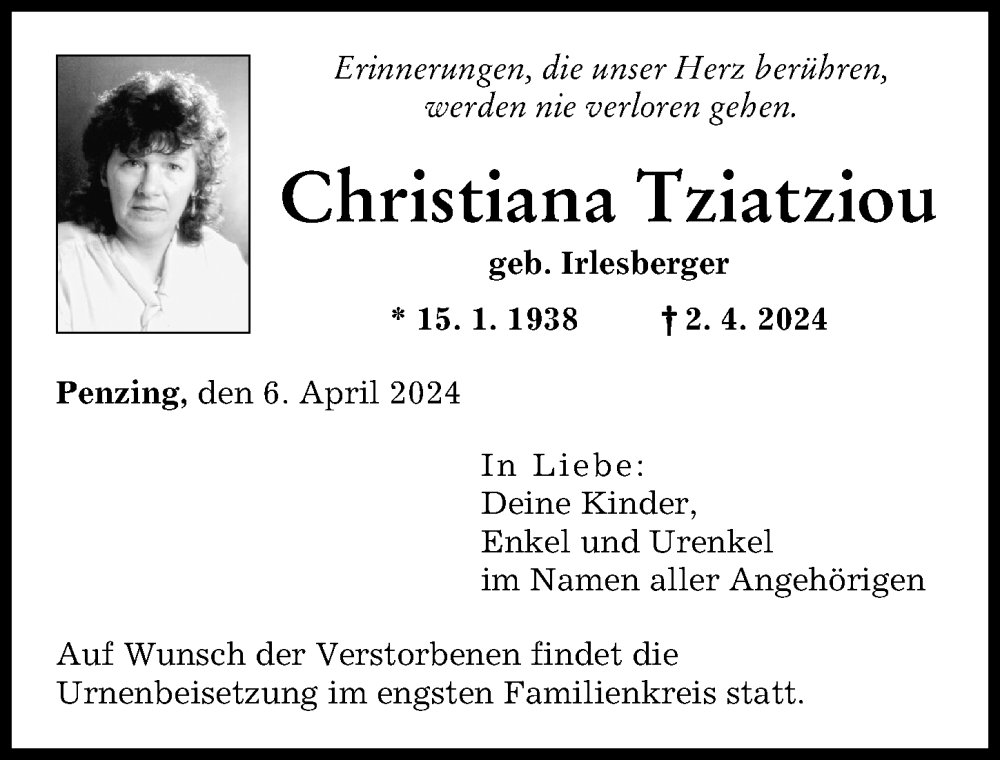 Traueranzeige von Christiana Tziatziou von Landsberger Tagblatt