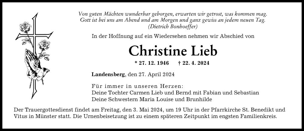 Traueranzeige von Christine Lieb von Augsburger Allgemeine