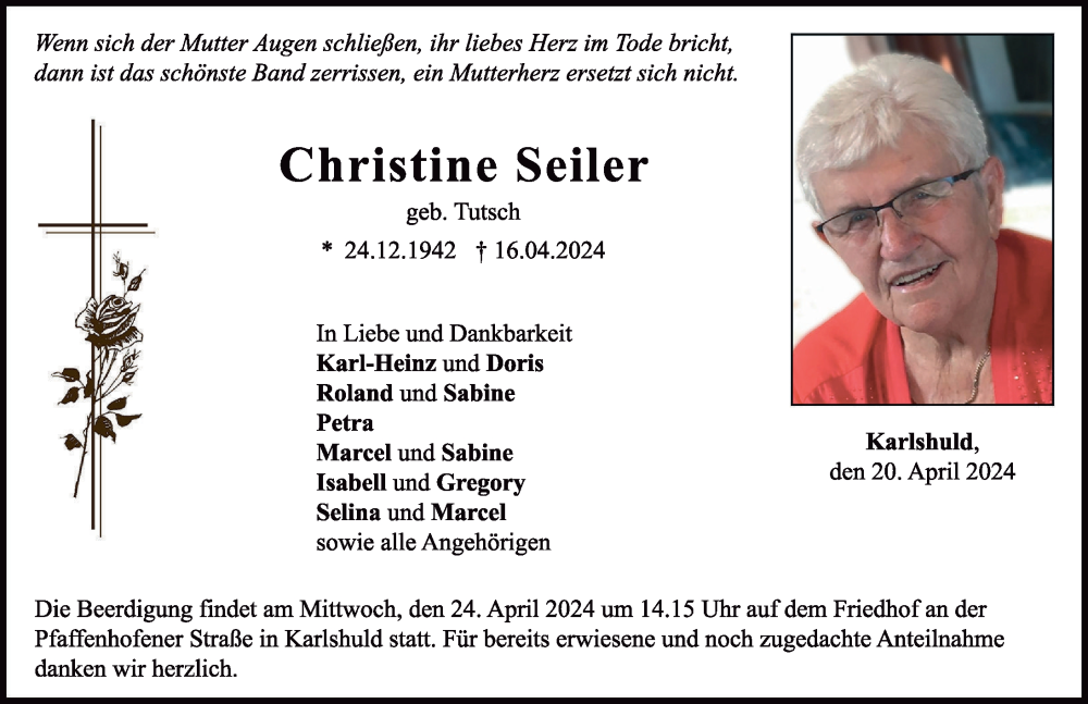  Traueranzeige für Christine Seiler vom 20.04.2024 aus Neuburger Rundschau